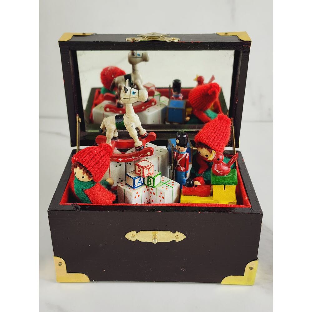 Enesco Wood Toybox Christmas Treasure Chest Music Box w/ Mirror 5" TESTED Vtg
